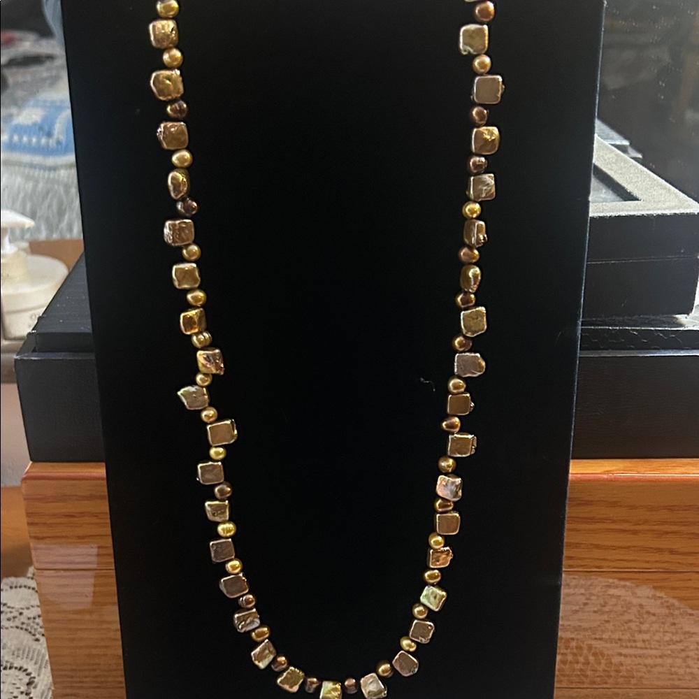 Elegant Gold and Brown Genuine pearl Necklace mixed shape pearls